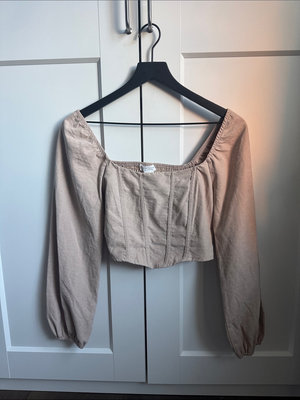 Beige Long-Sleeve Square-Neck Corset Top
